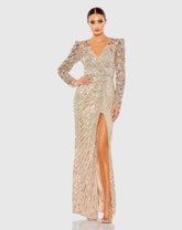 Beige Long Sleeve Embellished Puff Sleeve Faux Wrap Gown